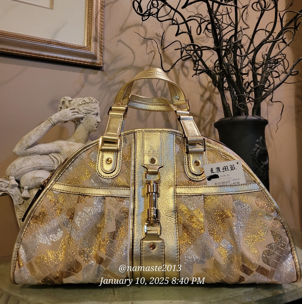 L.A.M.B. Gwen Stefani Gold Glam Jill Satchel Luxury Designer Metalic Leather 81 - Picture 1 of 15